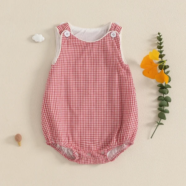 0-18M Newborn Baby Summer Tank Romper Plaid Print Sleeveless Round Neck Jumpsuit for Boys and Girls - Image 2