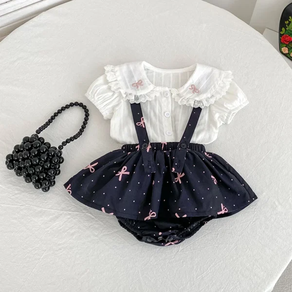 Summer Baby Girls Suit Solid Cotton Casual Square Neck Embroidered Bow White Shirt+Ruffle Romper Set Clothes Toddler Infant Set - Image 2