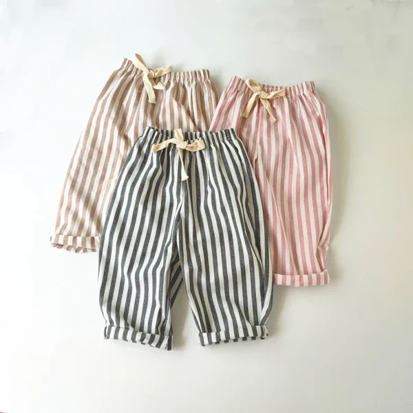 Children's Clothing Vintage Linen Cotton Stripe Pants Baby Boy Girl Casual Shorts Spring Summer Girls Loose Trousers and Shorts - Image 2