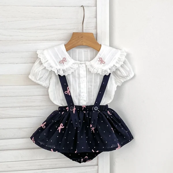 Summer Baby Girls Suit Solid Cotton Casual Square Neck Embroidered Bow White Shirt+Ruffle Romper Set Clothes Toddler Infant Set - Image 3