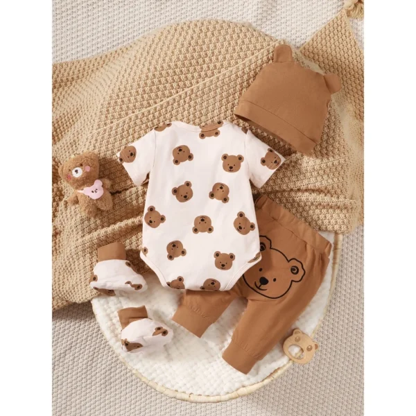 0-9 Months Newborn Baby Boy 4PCS Clothing Set Bear Print Short/Long Sleeve Bodysuit+Pants+Hat+Sock Cute Baby Photograph Outfit - Image 5