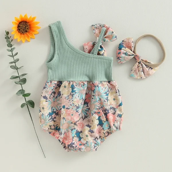 pudcoco Infant Newborn Baby Girl Two Piece Outfits Summer Floral One Shoulder Romper and Stretch Headband Cute Clothes - Image 3