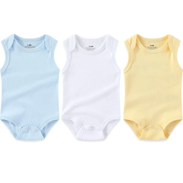 3Pcs Solid Color Boy Girl Clothes 100%Cotton Sleeveless Bodysuits Baby Boy Clothes Summer Vest Envelope Collar - Image 2