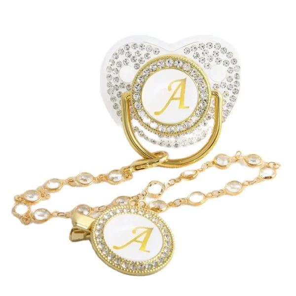 Transparent 26 Initial Letter Luxury Baby Pacifier with Chain Clip Newborn Bling Dummy Soother Chupeta