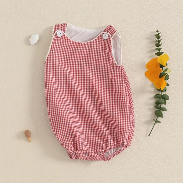 0-18M Newborn Baby Summer Tank Romper Plaid Print Sleeveless Round Neck Jumpsuit for Boys and Girls - Image 4