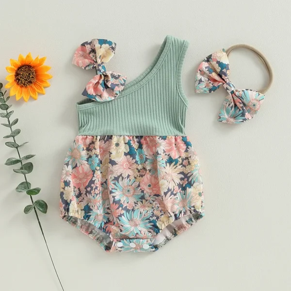 pudcoco Infant Newborn Baby Girl Two Piece Outfits Summer Floral One Shoulder Romper and Stretch Headband Cute Clothes - Image 2