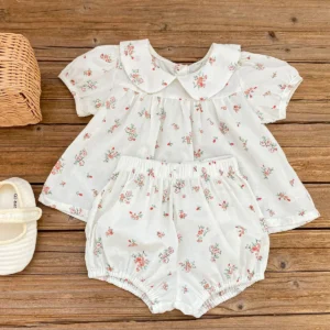 Summer New 0-3-year-old Girl's Versatile Set with Baby Doll Neck Short Sleeve Fragmented Flower Top+Bread Pants 2-piece Girl Set