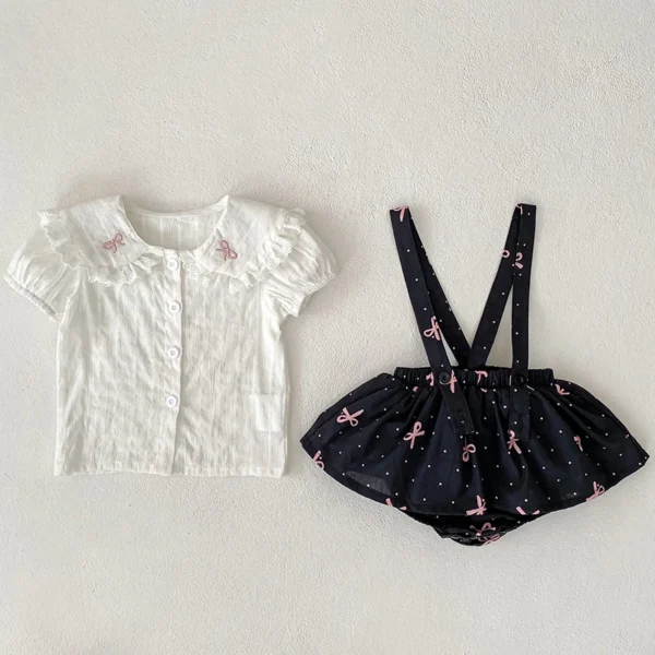 Summer Baby Girls Suit Solid Cotton Casual Square Neck Embroidered Bow White Shirt+Ruffle Romper Set Clothes Toddler Infant Set - Image 5