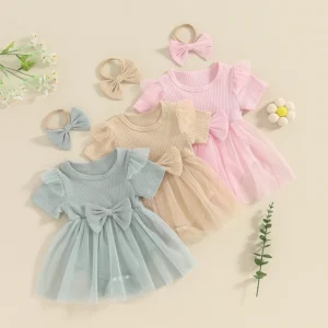 Pudcoco Baby Girl Ribbed Romper Dress Ruffle Short Sleeve Mesh Tutu Dress Solid Bodysuit Summer Clothes Newborn Headbands 0-18M