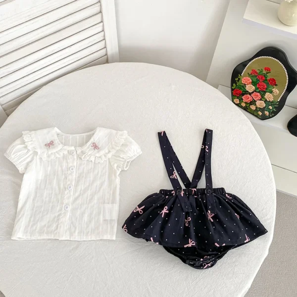 Summer Baby Girls Suit Solid Cotton Casual Square Neck Embroidered Bow White Shirt+Ruffle Romper Set Clothes Toddler Infant Set - Image 6