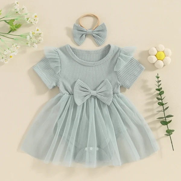 Pudcoco Baby Girl Ribbed Romper Dress Ruffle Short Sleeve Mesh Tutu Dress Solid Bodysuit Summer Clothes Newborn Headbands 0-18M - Image 5
