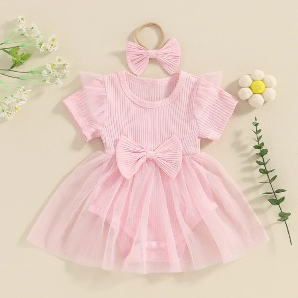 Pudcoco Baby Girl Ribbed Romper Dress Ruffle Short Sleeve Mesh Tutu Dress Solid Bodysuit Summer Clothes Newborn Headbands 0-18M - Image 4
