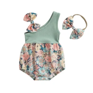 pudcoco Infant Newborn Baby Girl Two Piece Outfits Summer Floral One Shoulder Romper and Stretch Headband Cute Clothes