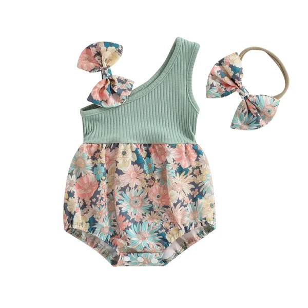 pudcoco Infant Newborn Baby Girl Two Piece Outfits Summer Floral One Shoulder Romper and Stretch Headband Cute Clothes