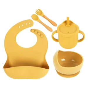 YLS Silicone Baby Feeding Set 5PCS Baby Weaning Supplies Self Feeding Utensils Suction Plate Bowl Bibs Cup with Spoons Forks