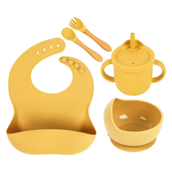YLS Silicone Baby Feeding Set 5PCS Baby Weaning Supplies Self Feeding Utensils Suction Plate Bowl Bibs Cup with Spoons Forks