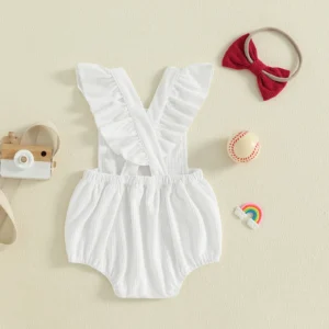 Lioraitiin Baby Girls Summer Romper Casual Baseball Embroidery Fly Sleeves Jumpsuit and Headband Set Fashion Clothes