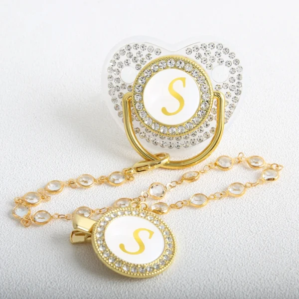 Transparent 26 Initial Letter Luxury Baby Pacifier with Chain Clip Newborn Bling Dummy Soother Chupeta - Image 4