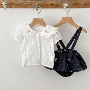 Summer Baby Girls Suit Solid Cotton Casual Square Neck Embroidered Bow White Shirt+Ruffle Romper Set Clothes Toddler Infant Set