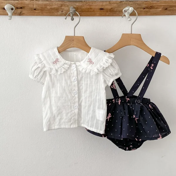 Summer Baby Girls Suit Solid Cotton Casual Square Neck Embroidered Bow White Shirt+Ruffle Romper Set Clothes Toddler Infant Set